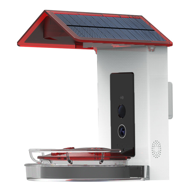 Solar-powered bird feeder with a camera on a white background