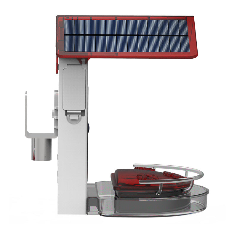 Solar-powered feeder with a red top and white base on a white background