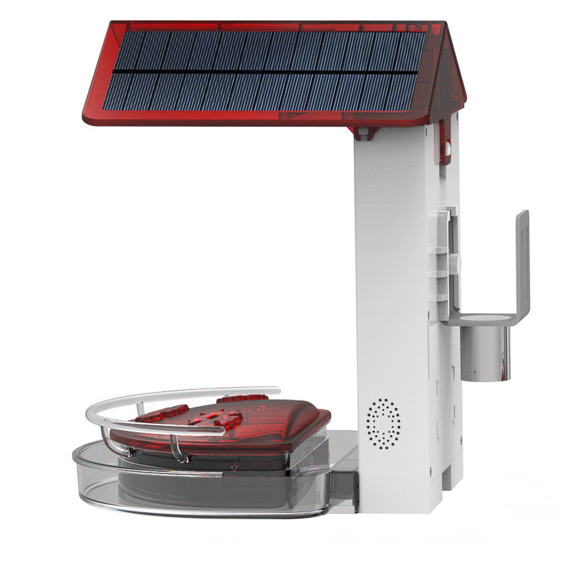 Solar-powered hummingbird feeder with a red top and white base on a white background