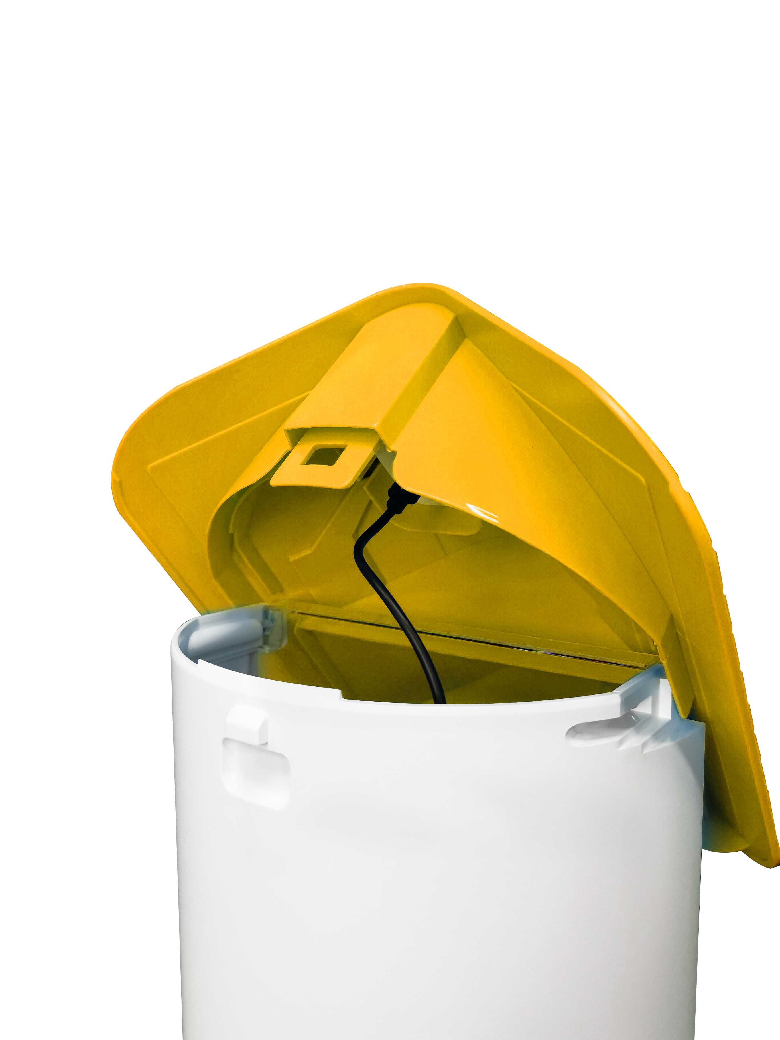 Yellow solar panel roof with cable attached to a white birdseed hopper on a white background.