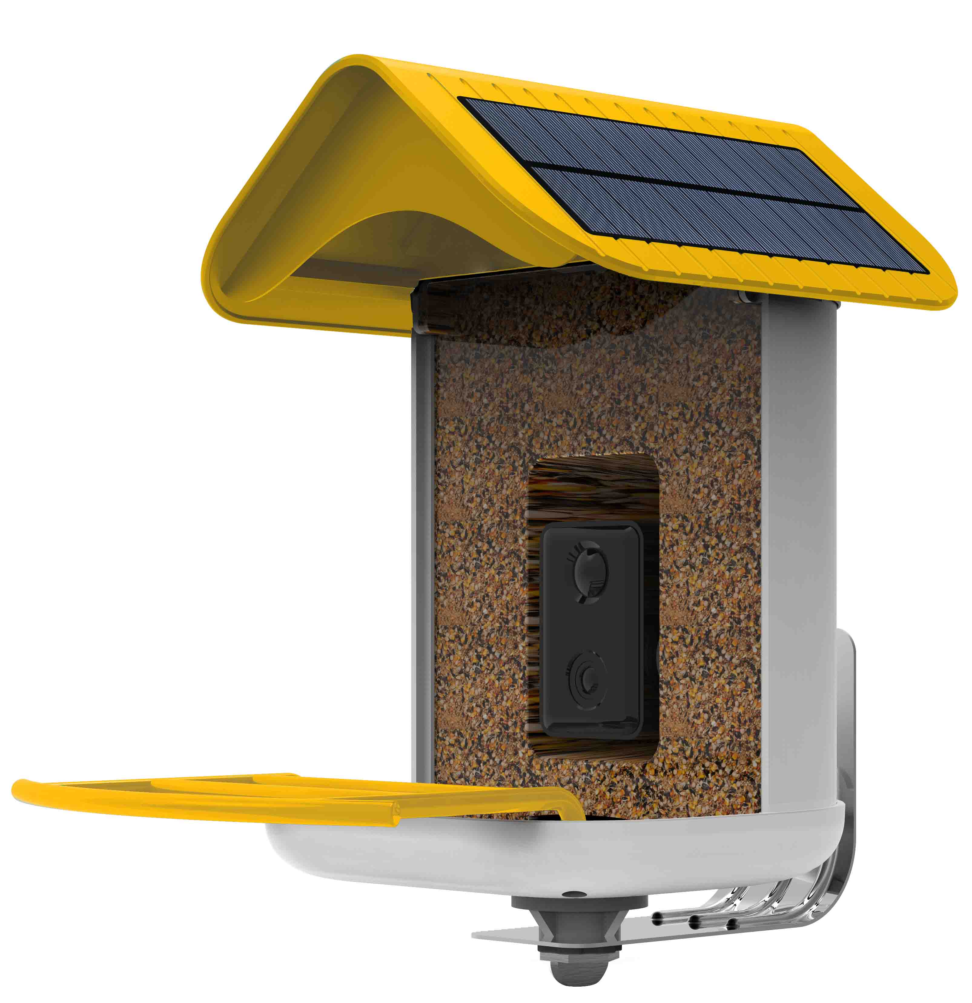 Yellow and white bird feeder with a solar panel on a white background