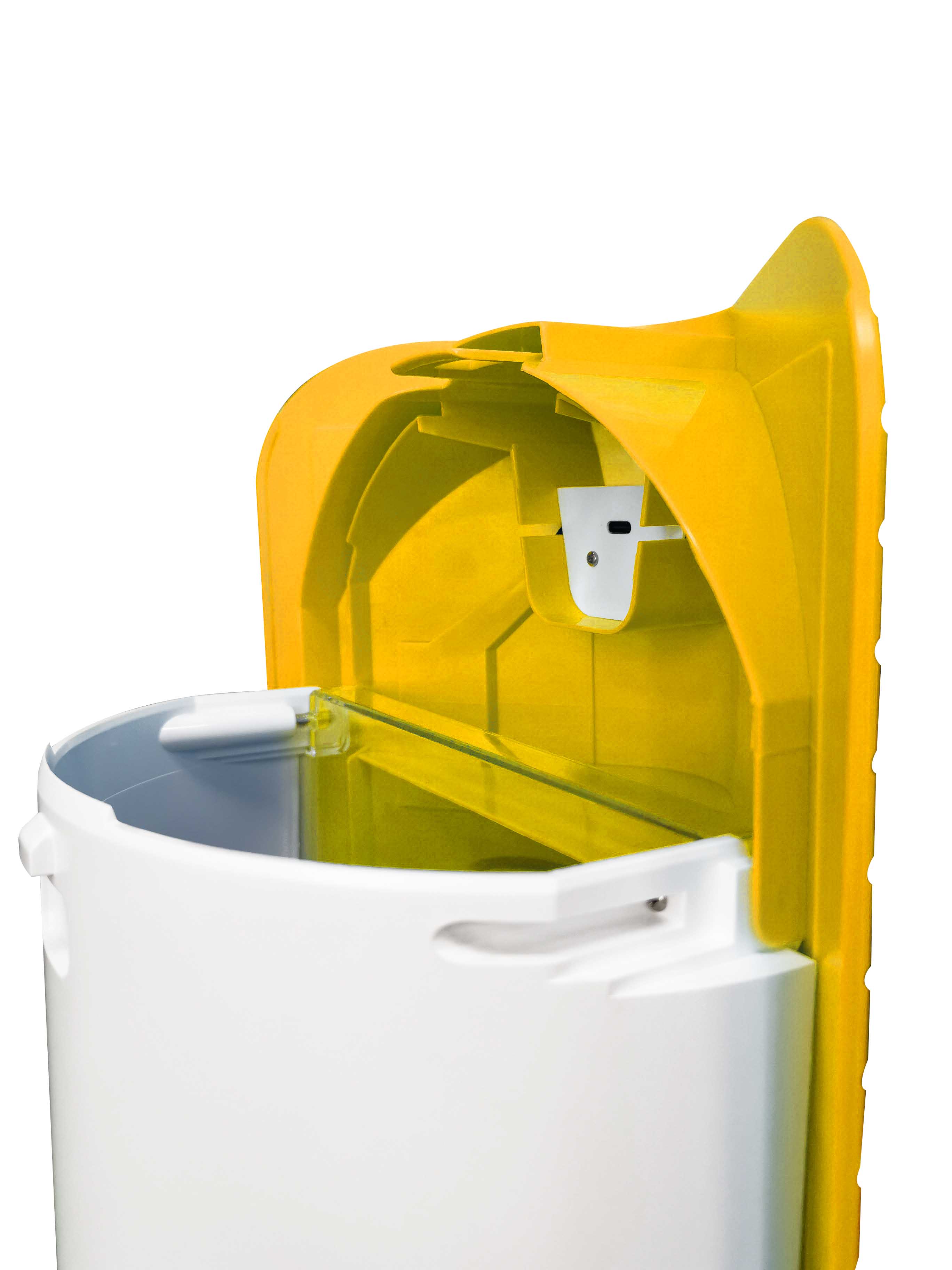 Yellow solar roof with plug mounted on a white bird seed hopper on a white background