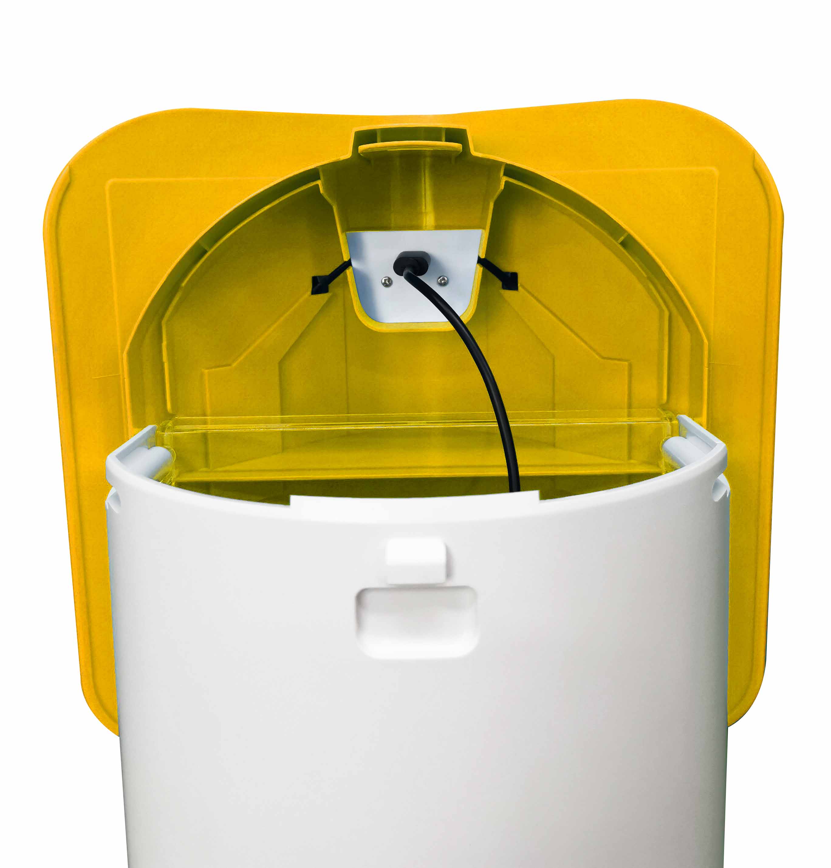 Yellow roof with a charging port on top of a white container against a white background