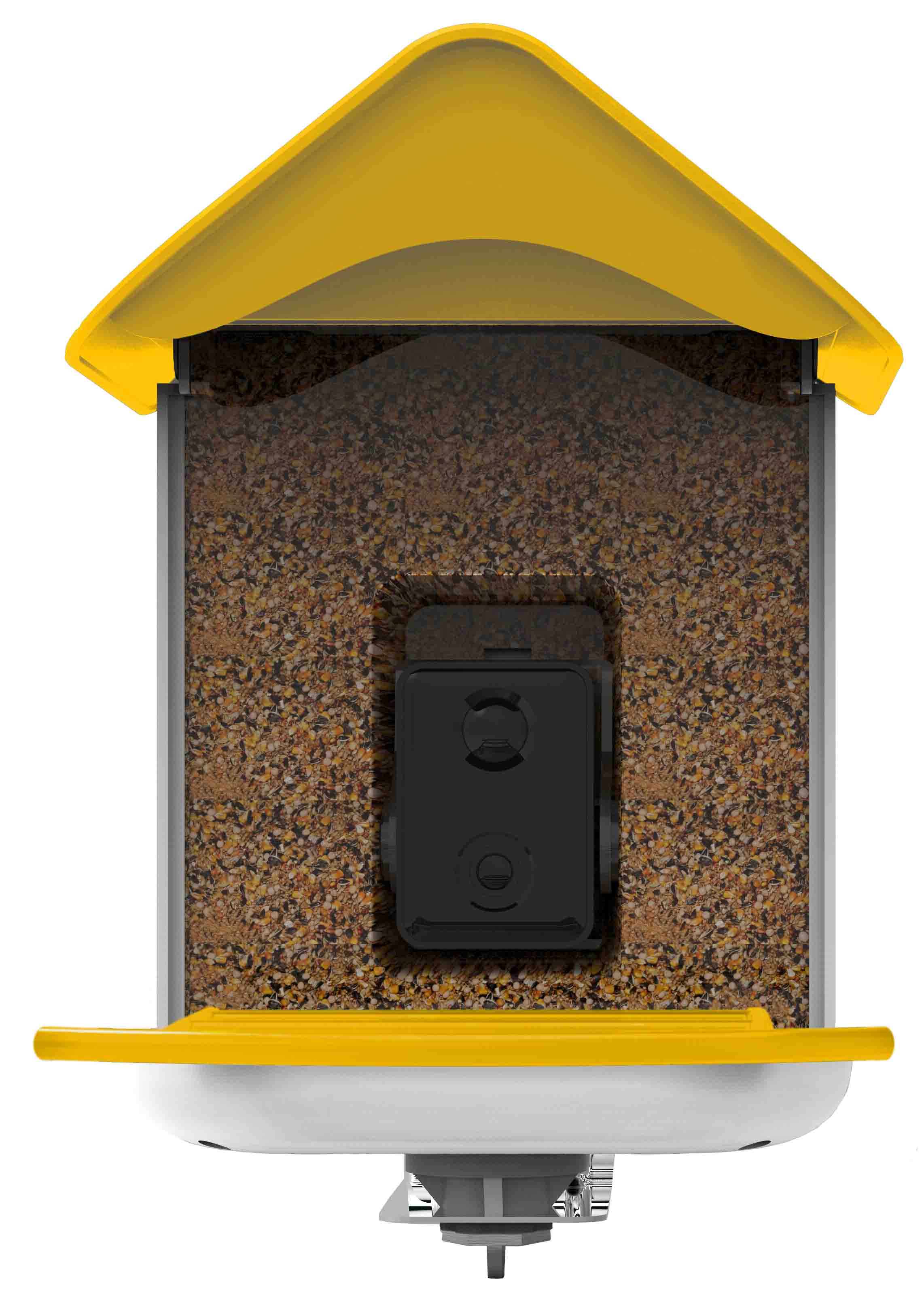 Smart bird feeder with yellow roof and brown wild bird seen on a white background.
