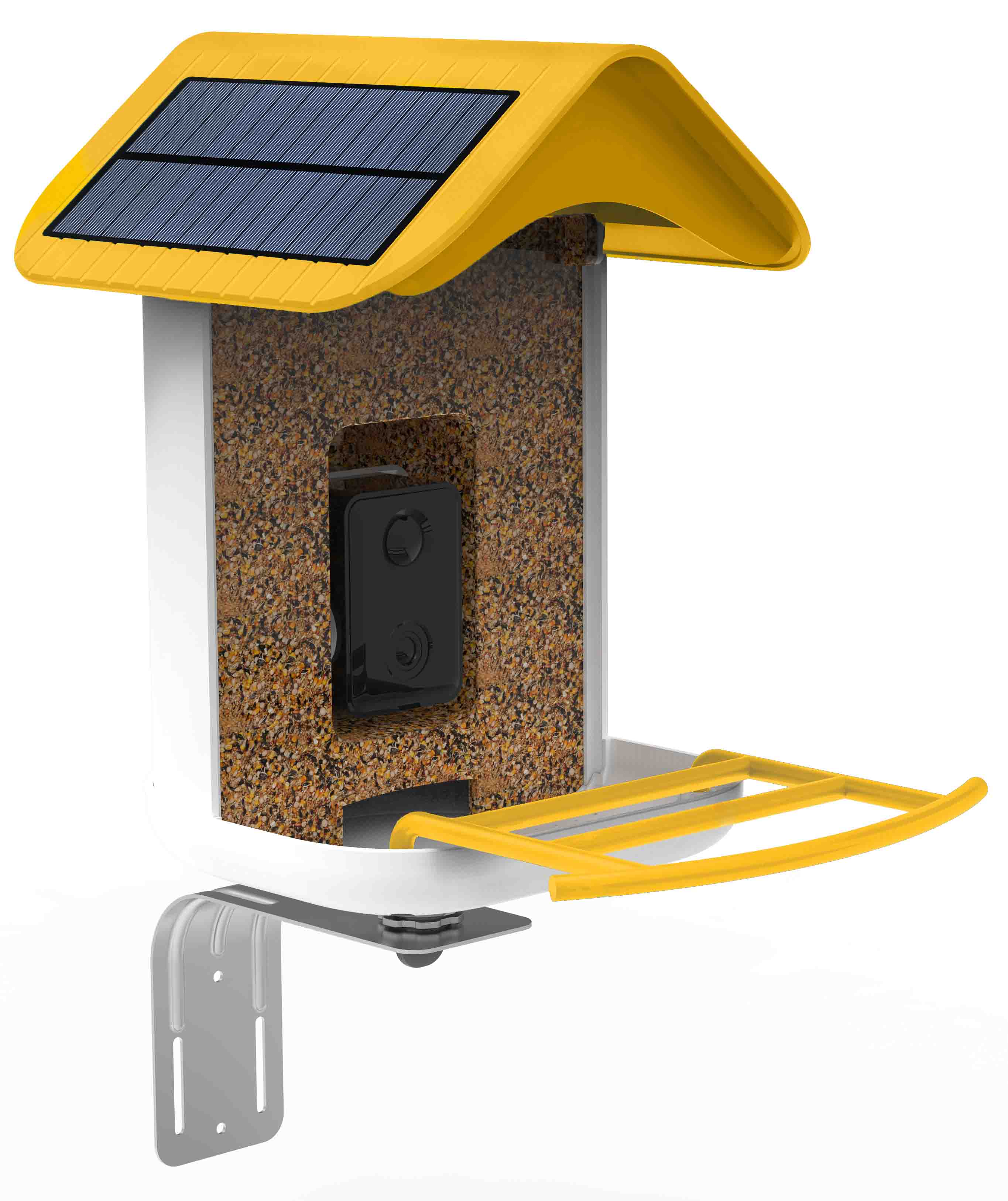 Solar-powered bird feeder with yellow roof and brown wild bird seed filling on a white background